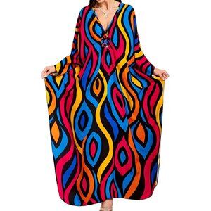 Womens Red Abstract Geometry V-Neck Batwing Sleeves Summer Cover Up Kaftan Dress
